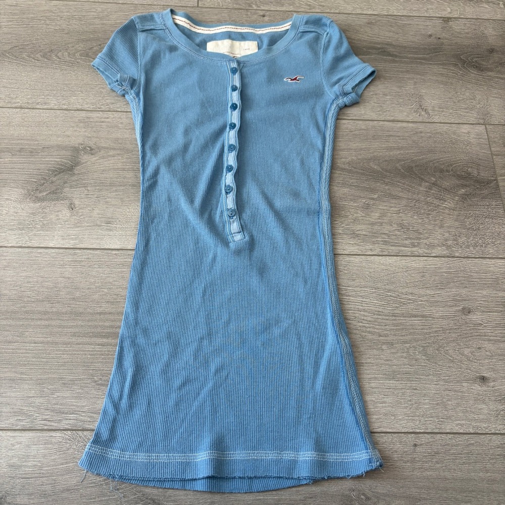 Hollister Blue Ribbed Henley Longline Womens Top XS Y2K Bella Swan Coquette